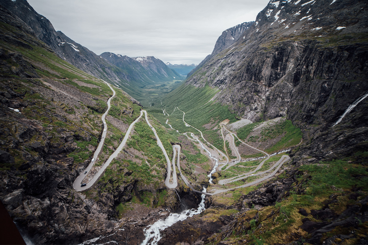Extremely winding road in steep valley